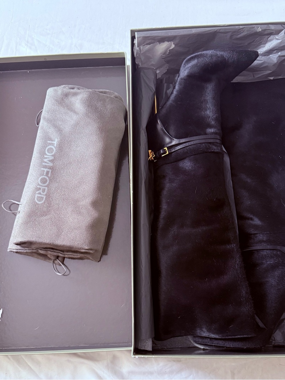 Tom Ford Black Suede Knee-High Boots with Gold Accent
